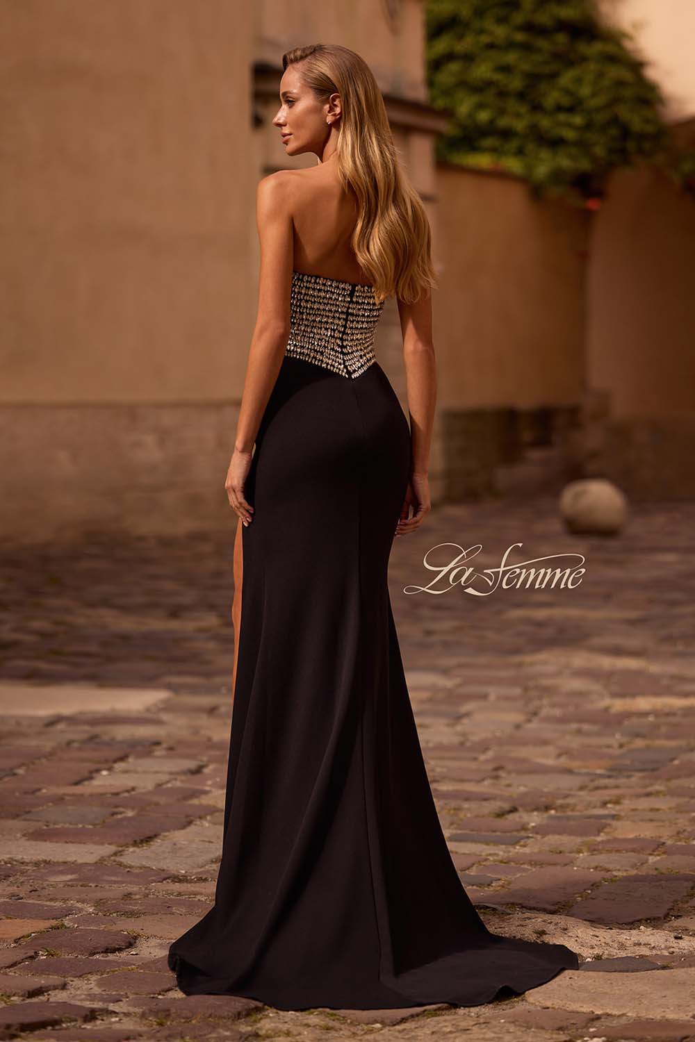 La Femme 32910 prom dress images.  La Femme 32910 is available in these colors: Black, Ivory.