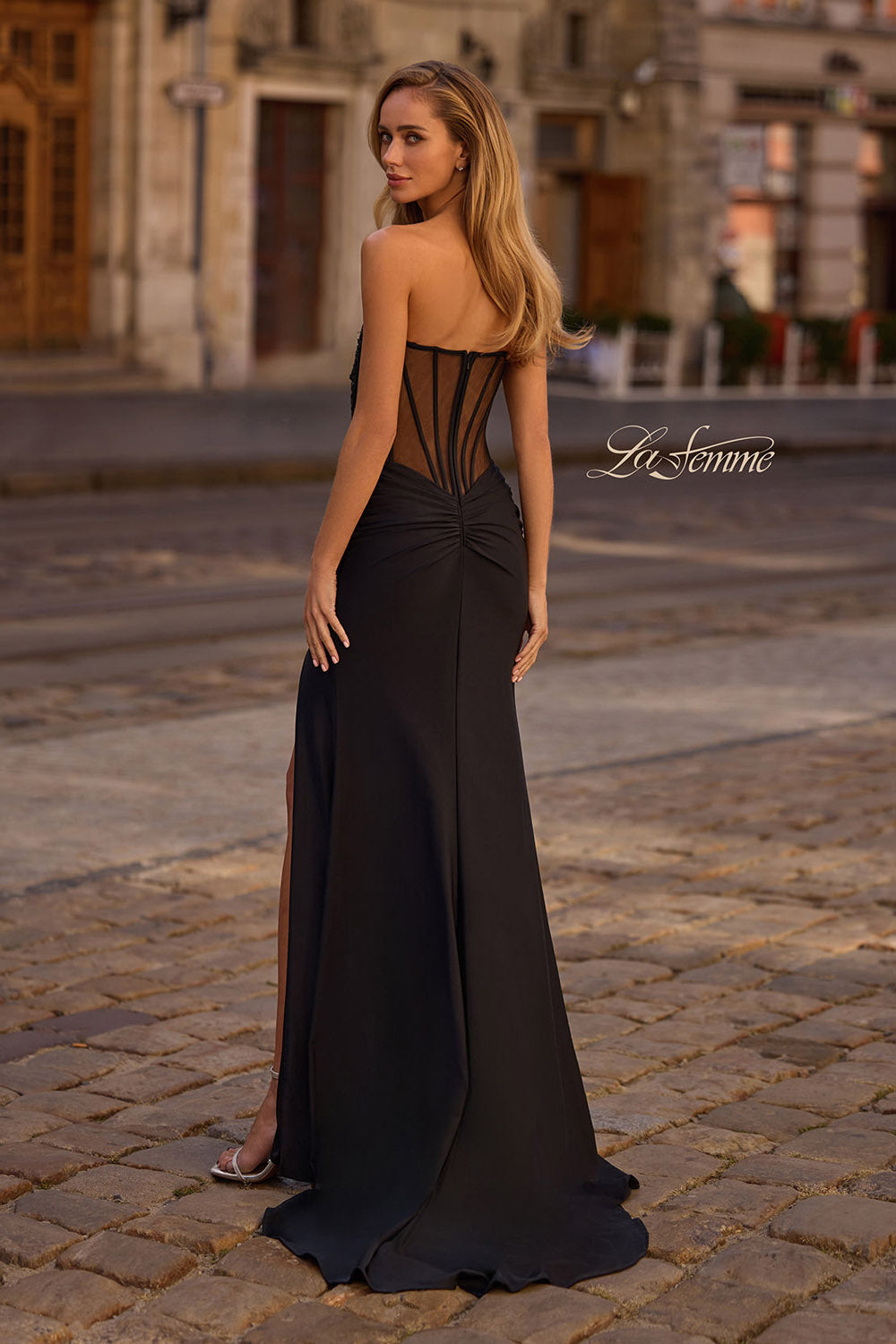 La Femme 32912 prom dress images.  La Femme 32912 is available in these colors: Black, Dark Emerald, Dark Wine.