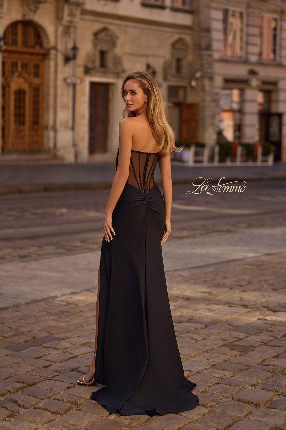 La Femme 32912 prom dress images.  La Femme 32912 is available in these colors: Black, Dark Emerald, Dark Wine.