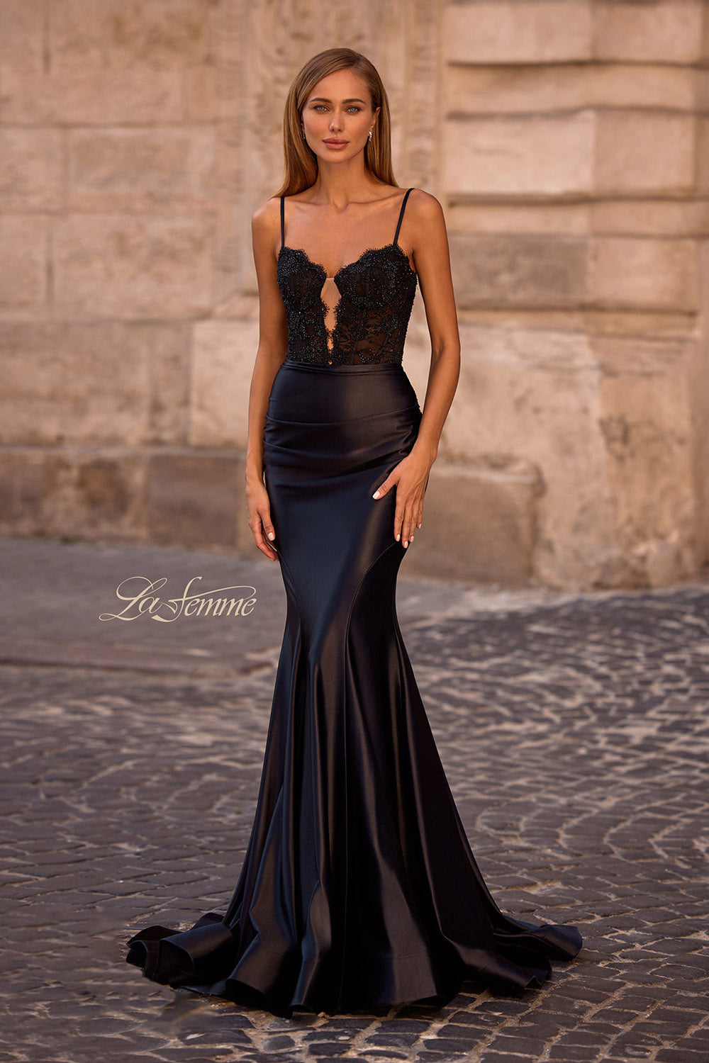 La Femme 32916 prom dress images.  La Femme 32916 is available in these colors: Black.