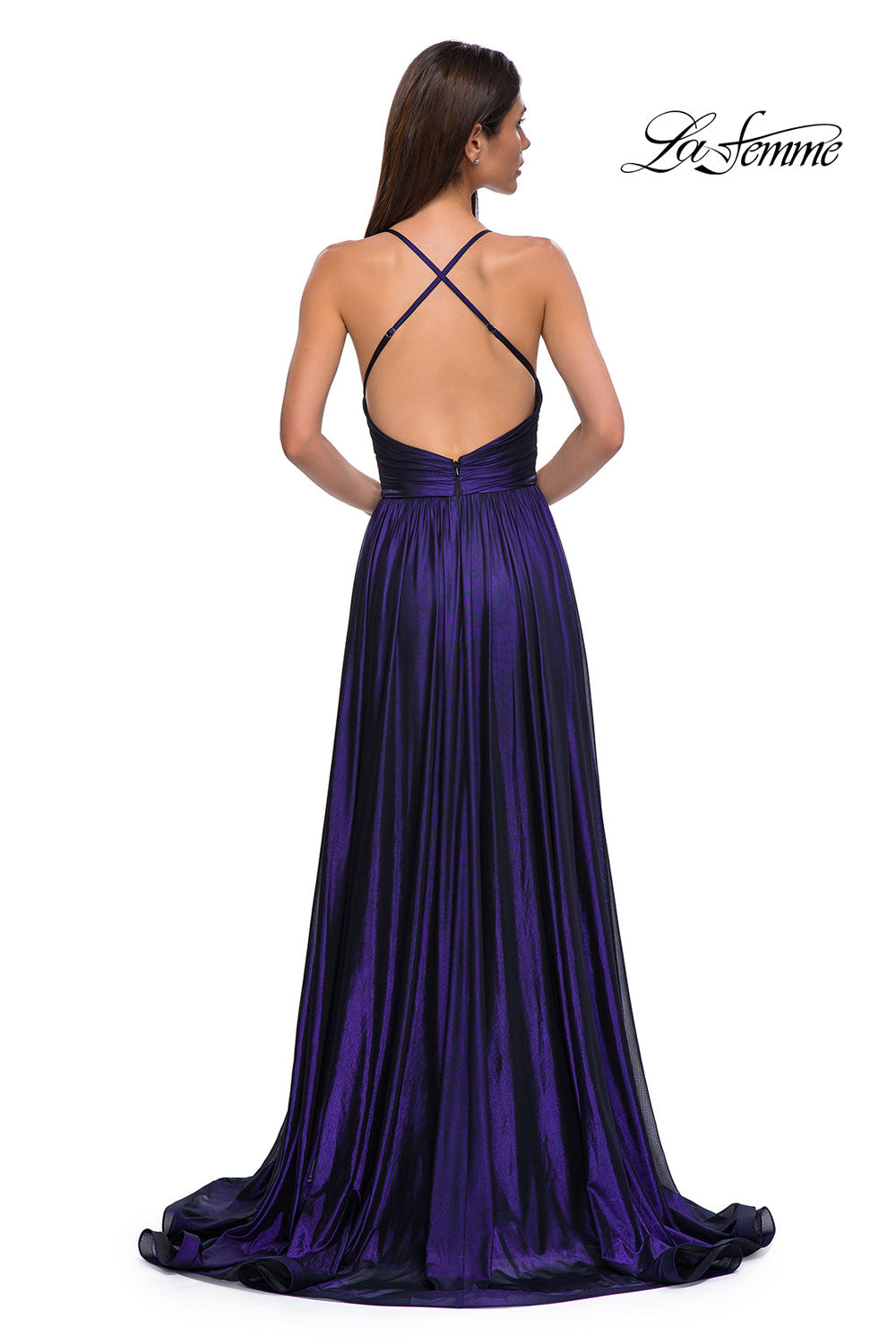 La Femme 32917 prom dress images.  La Femme 32917 is available in these colors: Bronze, Gunmetal, Indigo.