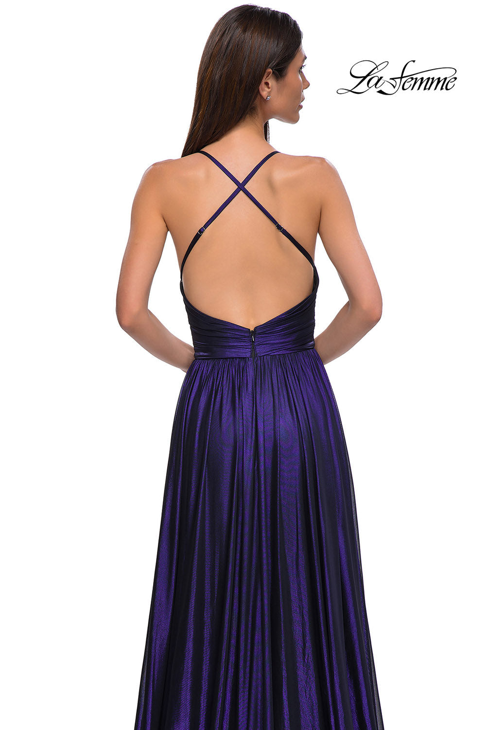 La Femme 32917 prom dress images.  La Femme 32917 is available in these colors: Bronze, Gunmetal, Indigo.