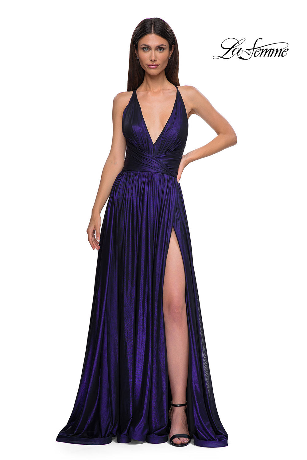 La Femme 32917 prom dress images.  La Femme 32917 is available in these colors: Bronze, Gunmetal, Indigo.