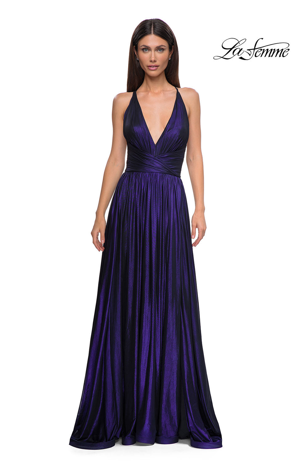 La Femme 32917 prom dress images.  La Femme 32917 is available in these colors: Bronze, Gunmetal, Indigo.