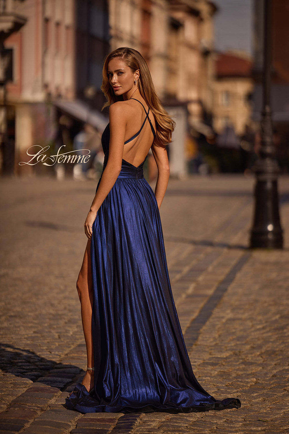 La Femme 32917 prom dress images.  La Femme 32917 is available in these colors: Bronze, Gunmetal, Indigo.