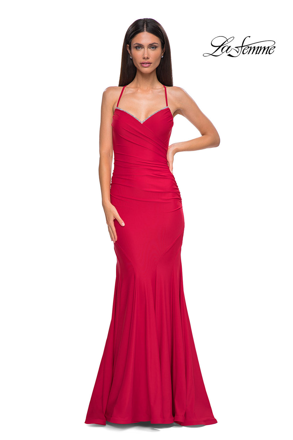 La Femme 32918 prom dress images.  La Femme 32918 is available in these colors: Cloud Blue, Periwinkle, Red.