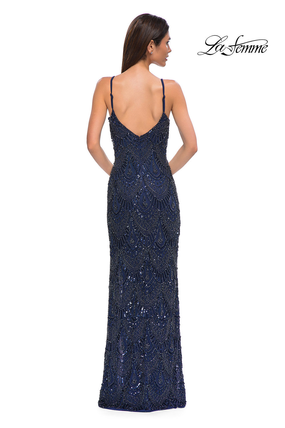 La Femme 32928 prom dress images.  La Femme 32928 is available in these colors: Navy, Rose Gold, Silver.