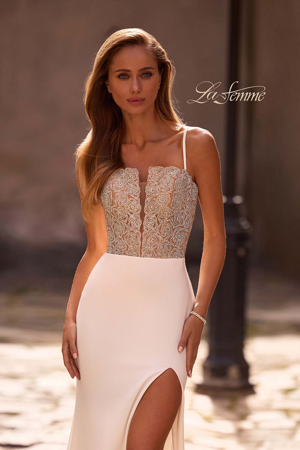 La Femme 32930 prom dress images.  La Femme 32930 is available in these colors: Black, Ivory.