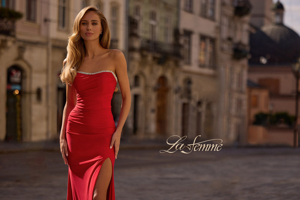 La Femme 32931 prom dress images.  La Femme 32931 is available in these colors: Black, Red, Royal Blue.