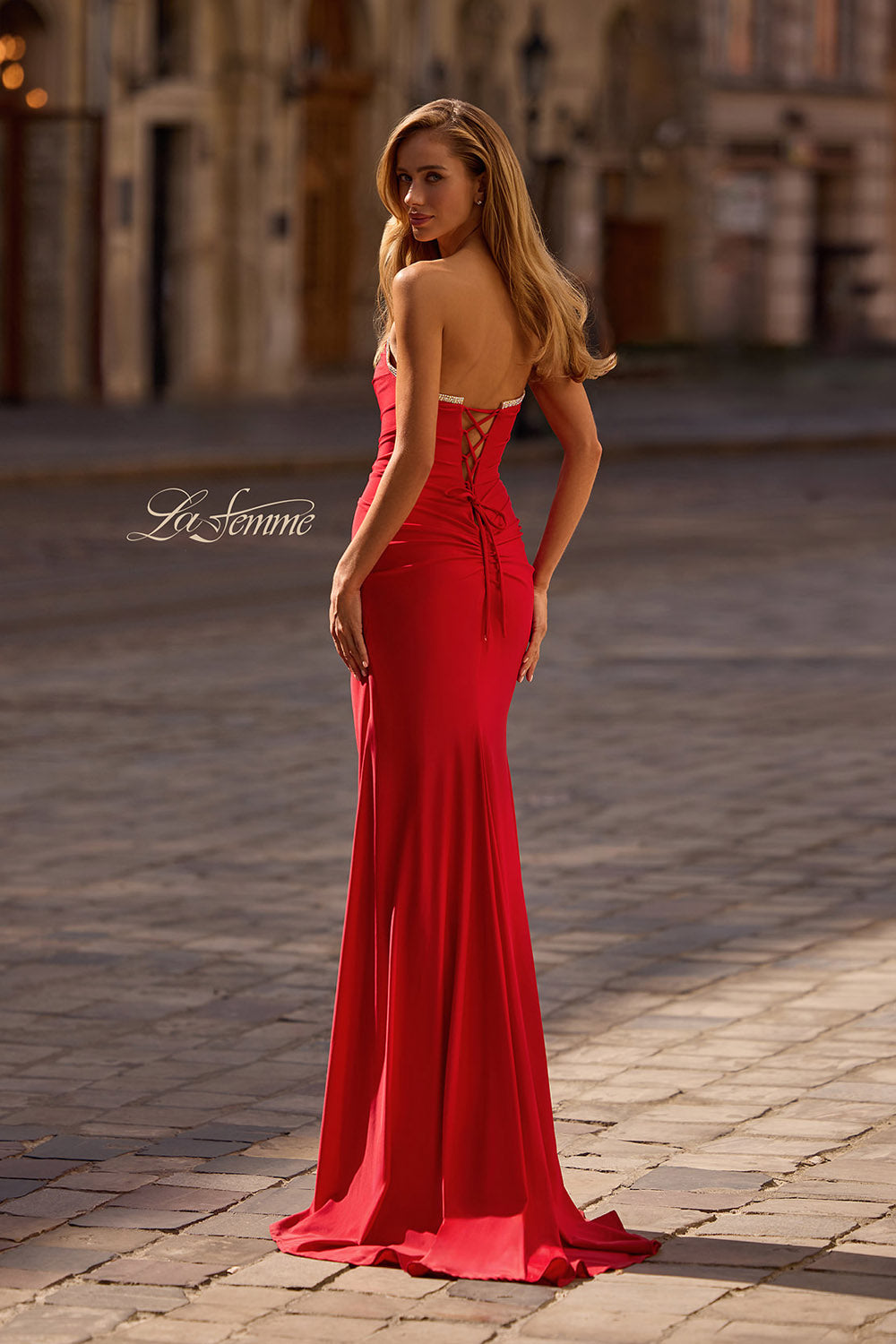 La Femme 32931 prom dress images.  La Femme 32931 is available in these colors: Black, Red, Royal Blue.