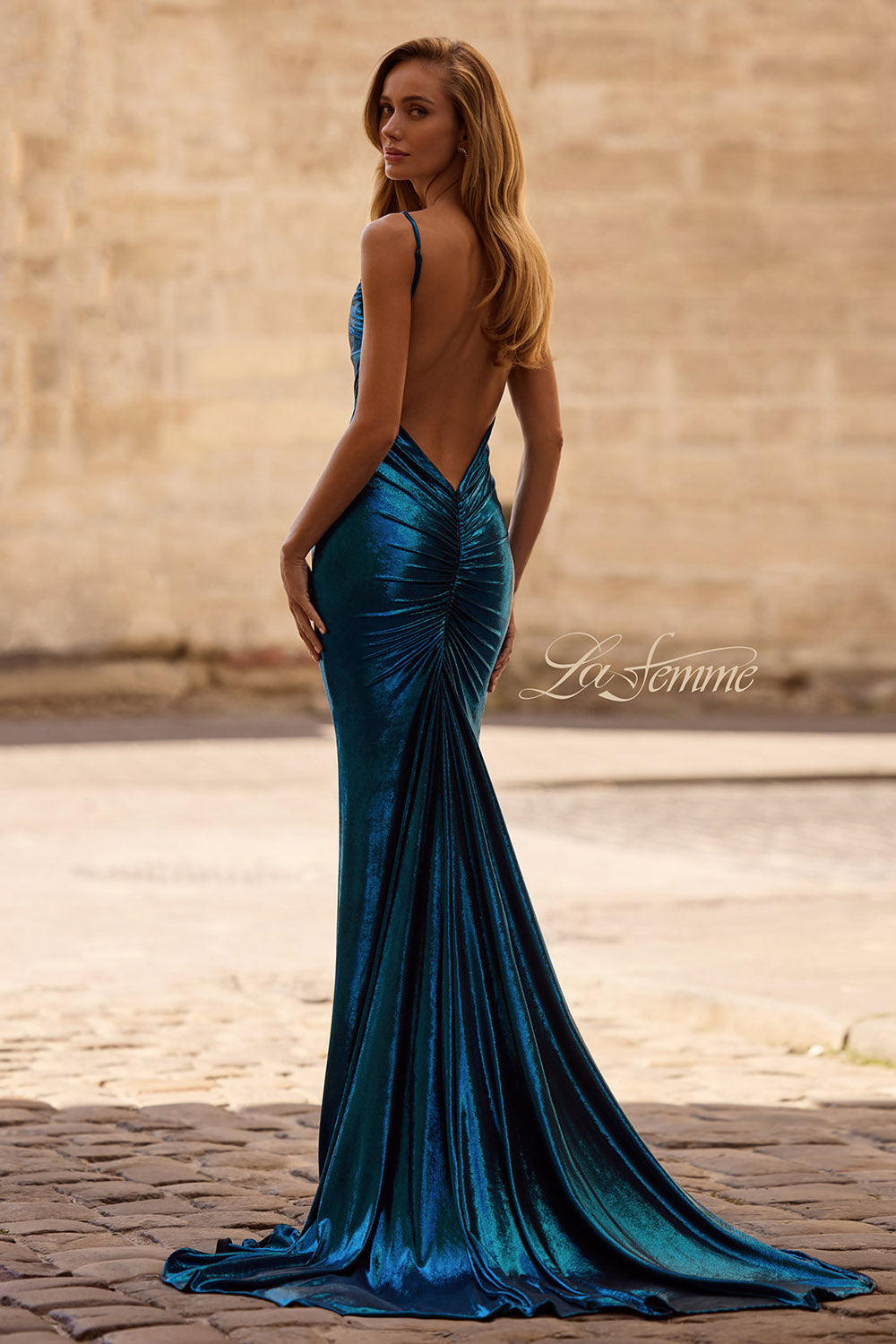 La Femme 32932 prom dress images.  La Femme 32932 is available in these colors: Dark Teal, Emerald, Mocha, Royal Blue, Wine.