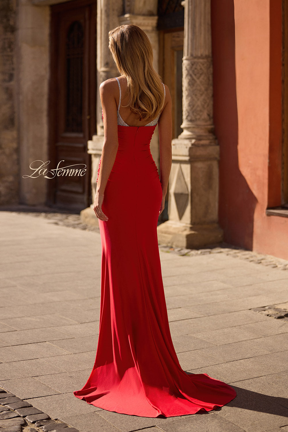 La Femme 32939 prom dress images.  La Femme 32939 is available in these colors: Black, Red, Royal Blue.