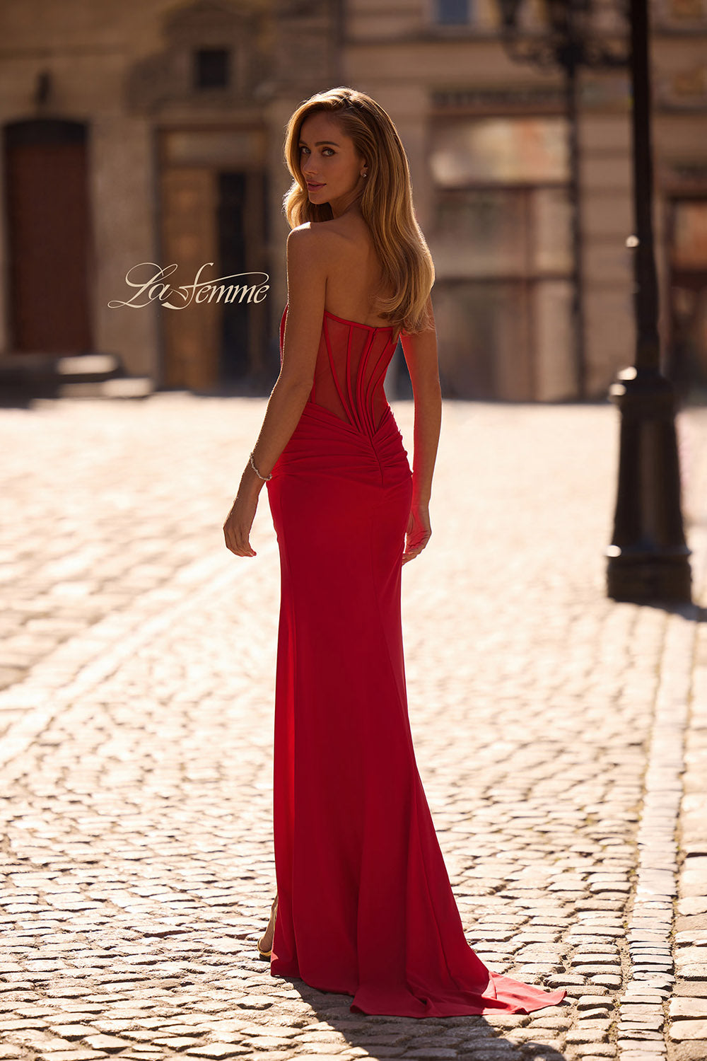 La Femme 32941 prom dress images.  La Femme 32941 is available in these colors: Dark Emerald, Marine Blue, Red.