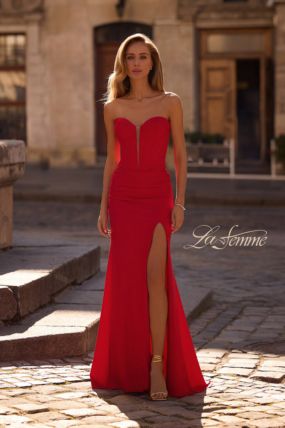 La Femme 32941 prom dress images.  La Femme 32941 is available in these colors: Dark Emerald, Marine Blue, Red.