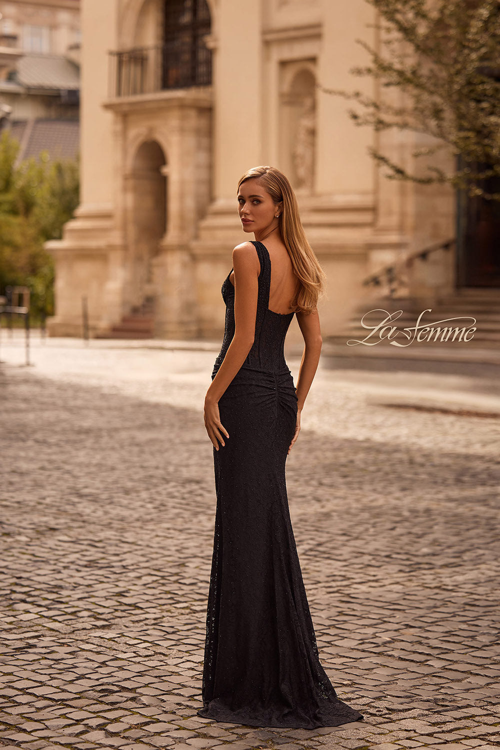 La Femme 32943 prom dress images.  La Femme 32943 is available in these colors: Black, Dark Berry, Dark Teal.