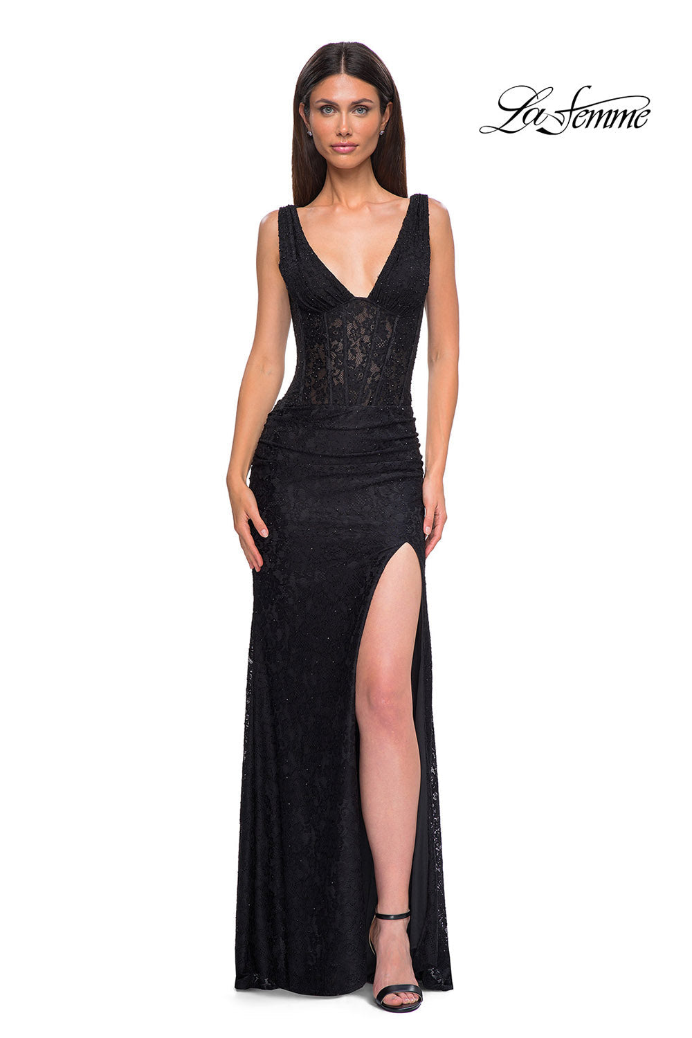 La Femme 32943 prom dress images.  La Femme 32943 is available in these colors: Black, Dark Berry, Dark Teal.