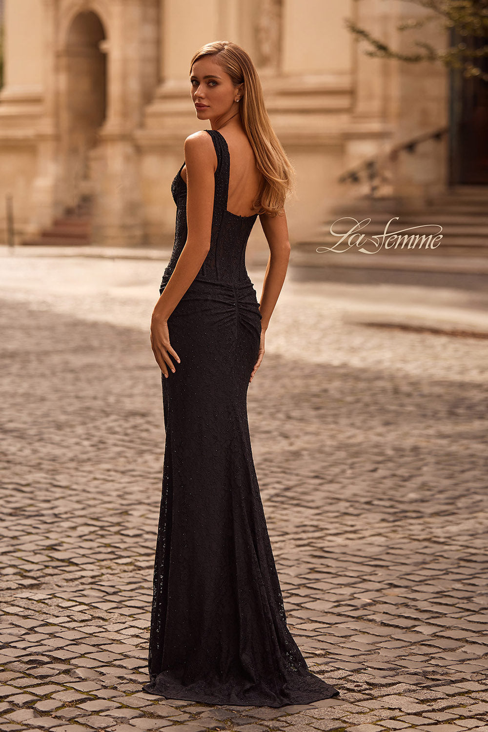 La Femme 32943 prom dress images.  La Femme 32943 is available in these colors: Black, Dark Berry, Dark Teal.