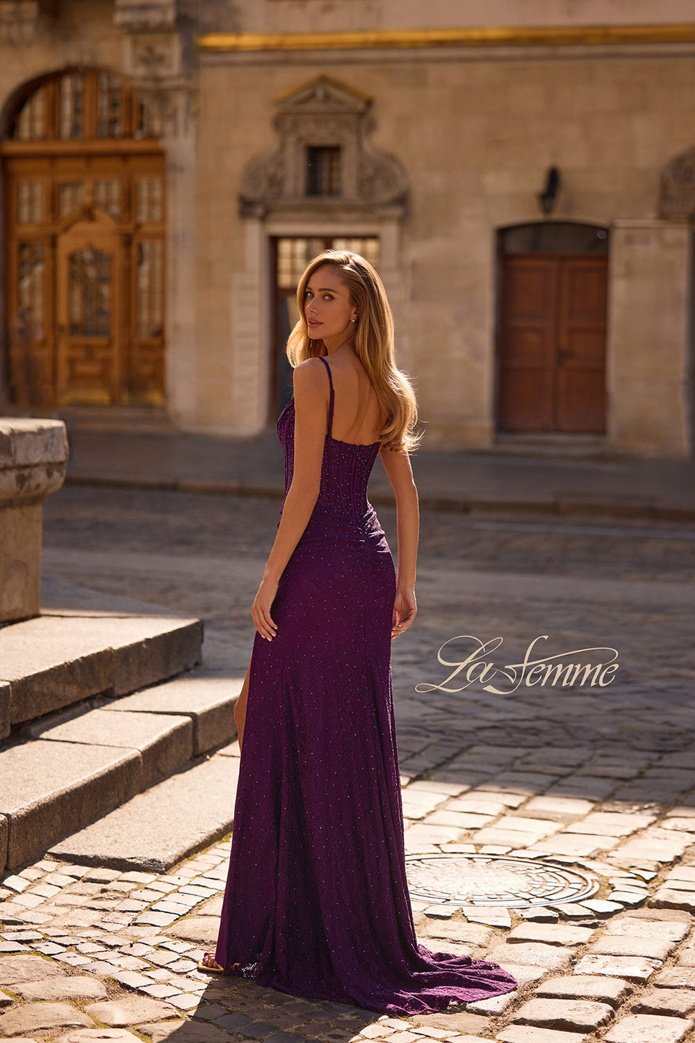 La Femme 32947 prom dress images.  La Femme 32947 is available in these colors: Black, Dark Berry, Royal Blue.