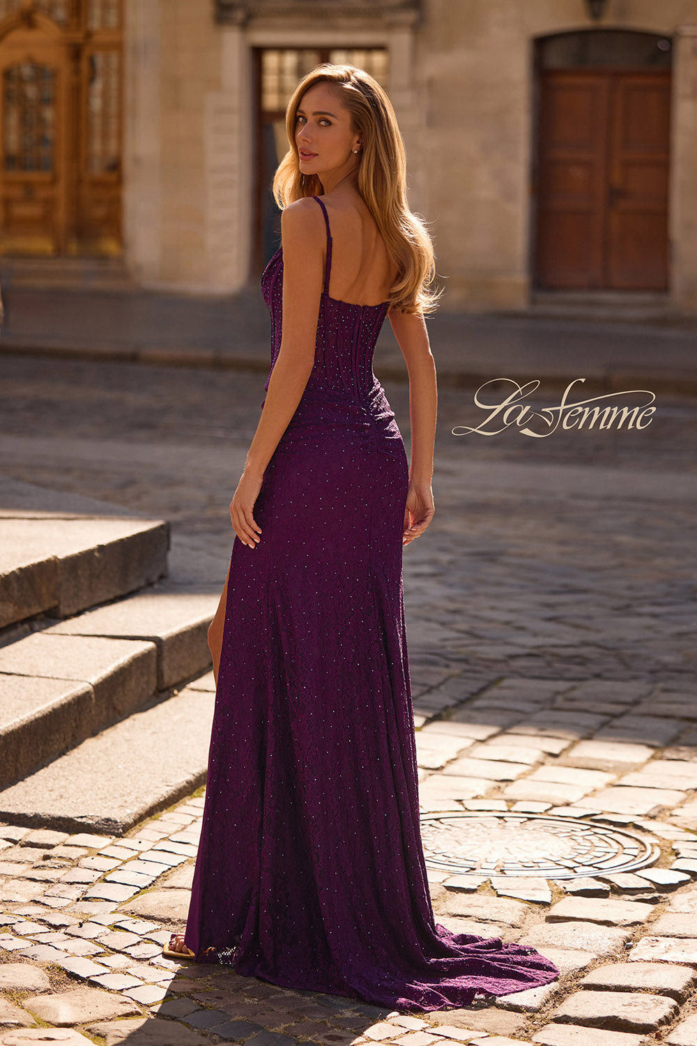 La Femme 32947 prom dress images.  La Femme 32947 is available in these colors: Black, Dark Berry, Royal Blue.