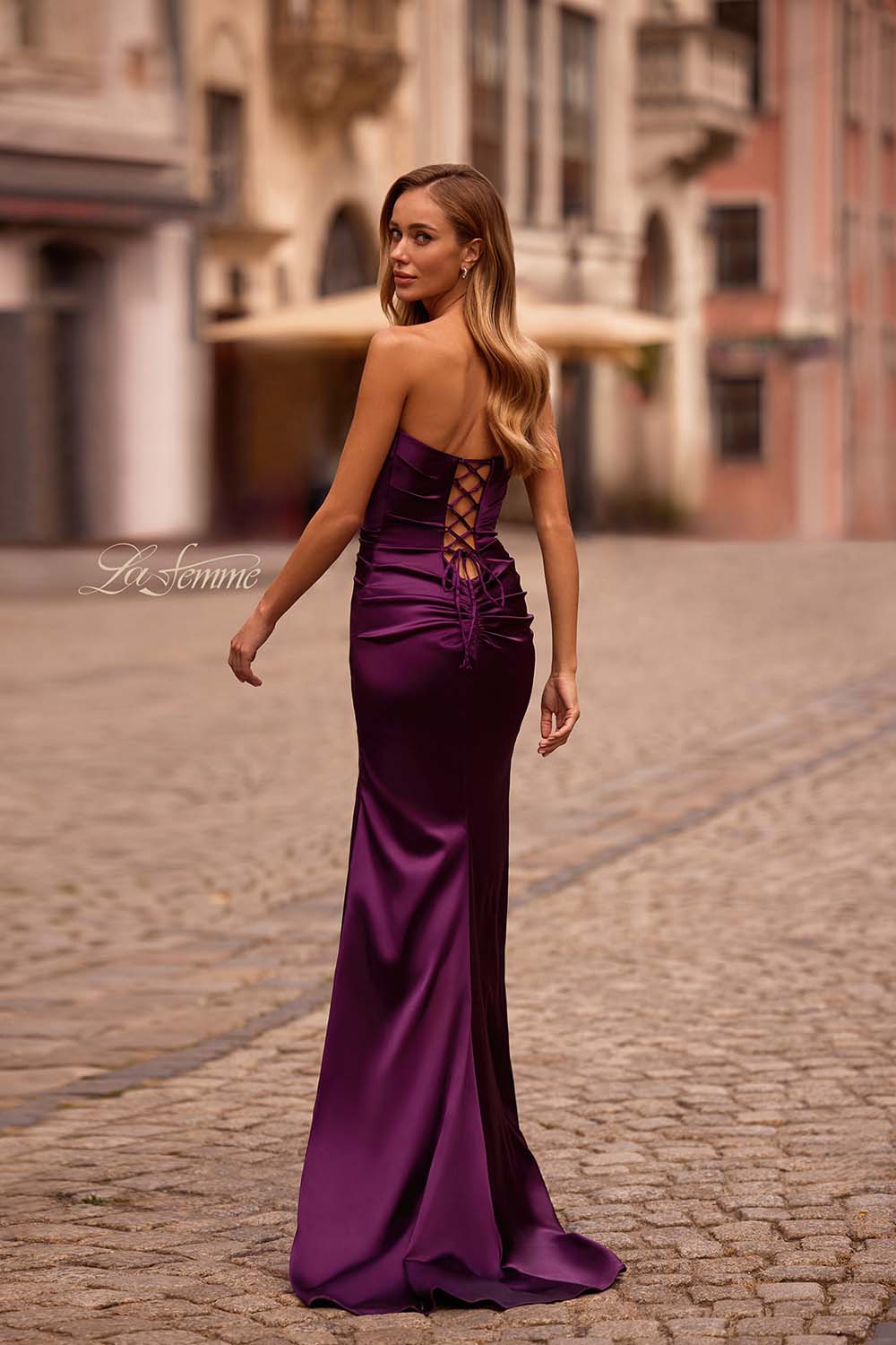 La Femme 32952 prom dress images.  La Femme 32952 is available in these colors: Dark Berry, Ivory, Navy.