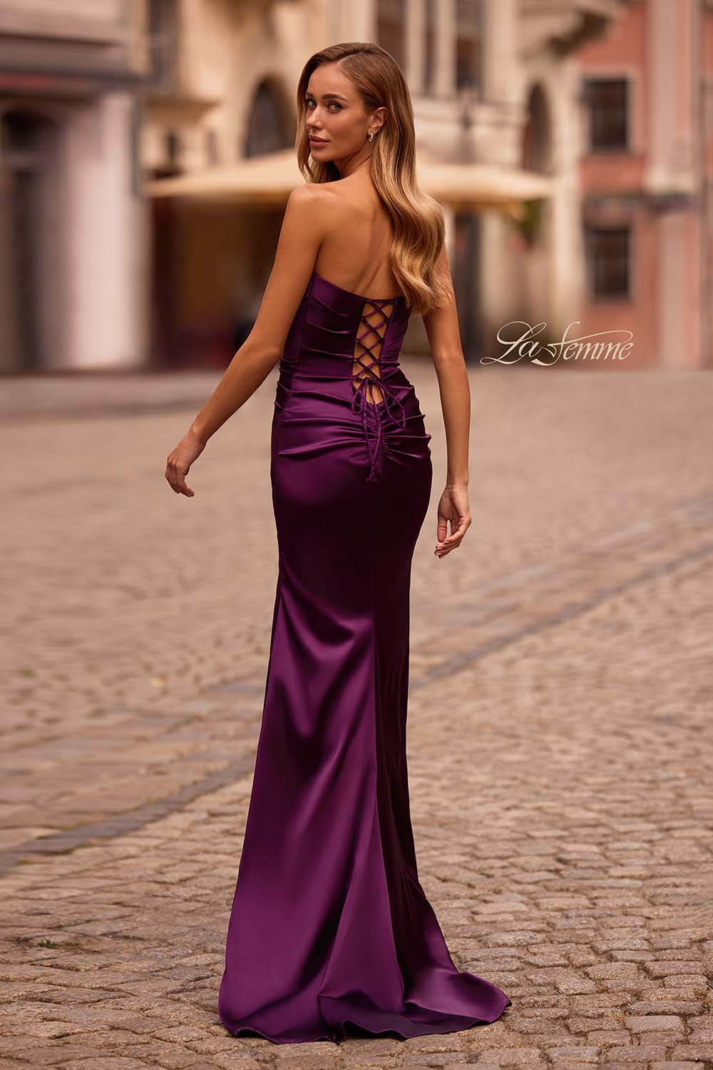 La Femme 32952 prom dress images.  La Femme 32952 is available in these colors: Dark Berry, Ivory, Navy.