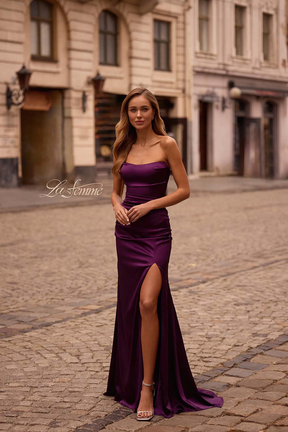 La Femme 32952 prom dress images.  La Femme 32952 is available in these colors: Dark Berry, Ivory, Navy.