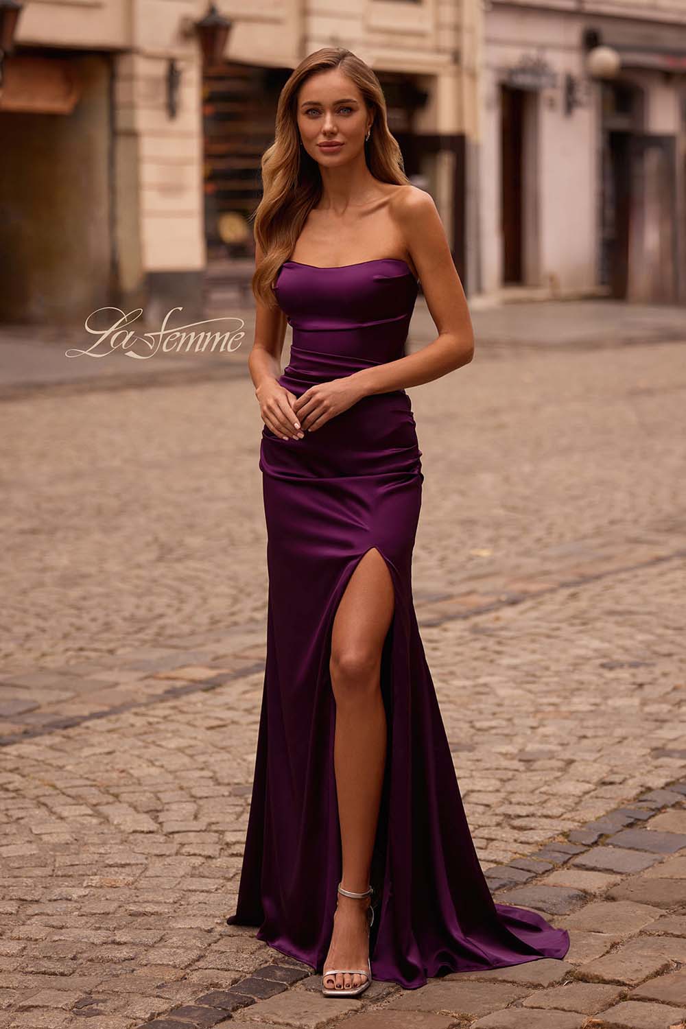 La Femme 32952 prom dress images.  La Femme 32952 is available in these colors: Dark Berry, Ivory, Navy.