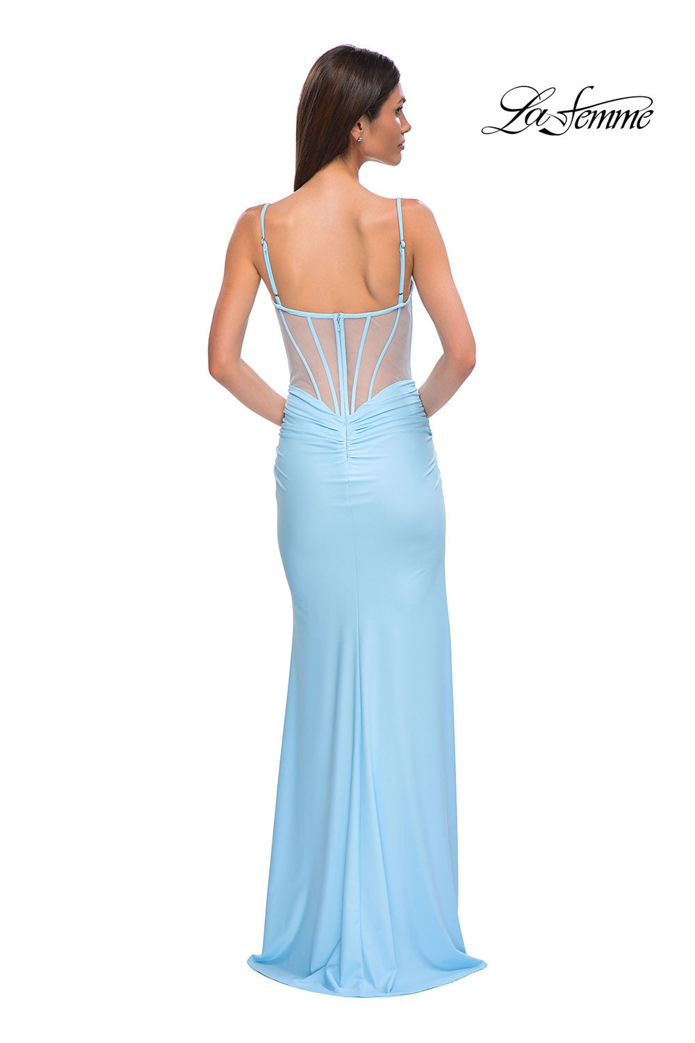 La Femme 32962 prom dress images.  La Femme 32962 is available in these colors: Bubblegum Pink, Cloud Blue, Periwinkle.