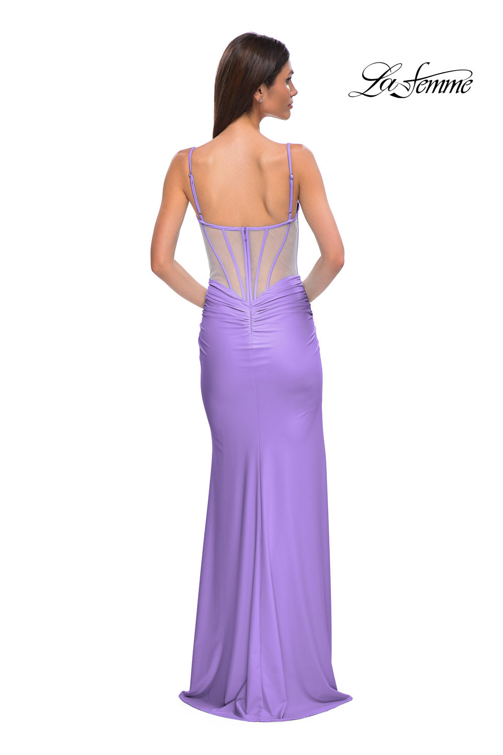 La Femme 32962 prom dress images.  La Femme 32962 is available in these colors: Bubblegum Pink, Cloud Blue, Periwinkle.