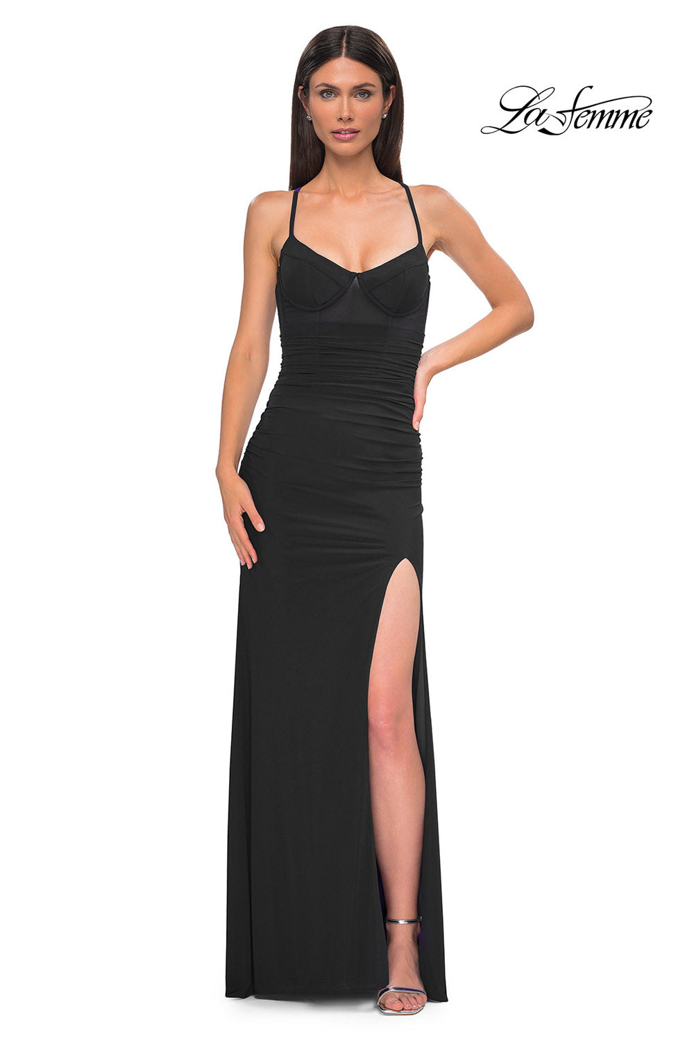 La Femme 32966 prom dress images.  La Femme 32966 is available in these colors: Black, Emerald, Indigo.