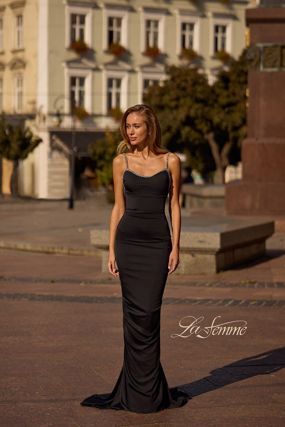 La Femme 32970 prom dress images.  La Femme 32970 is available in these colors: Black, Red.