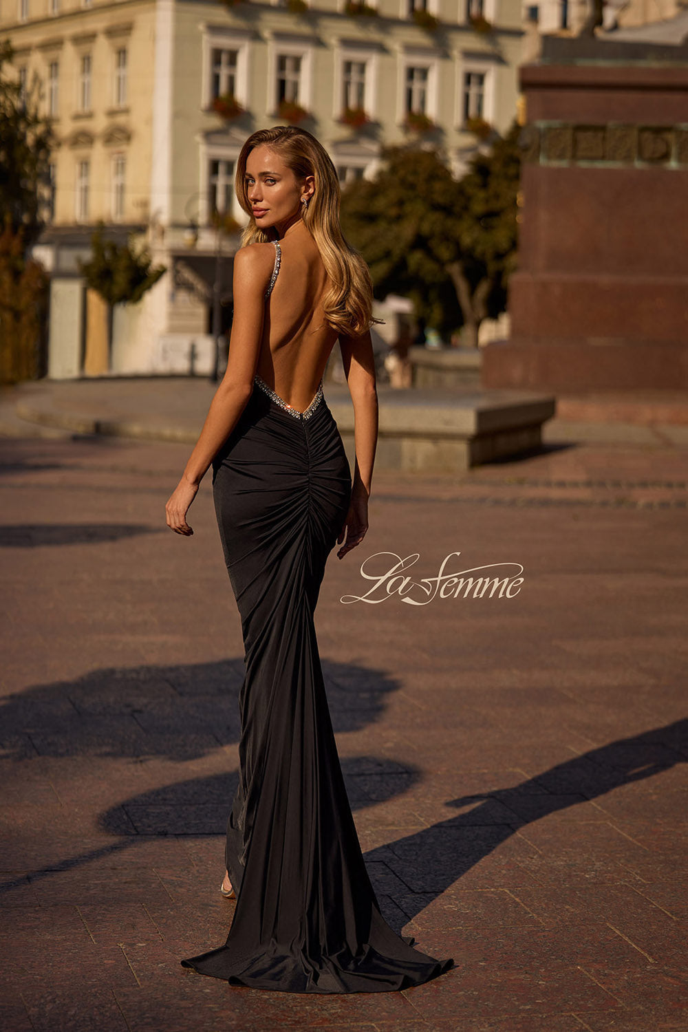 La Femme 32970 prom dress images.  La Femme 32970 is available in these colors: Black, Red.