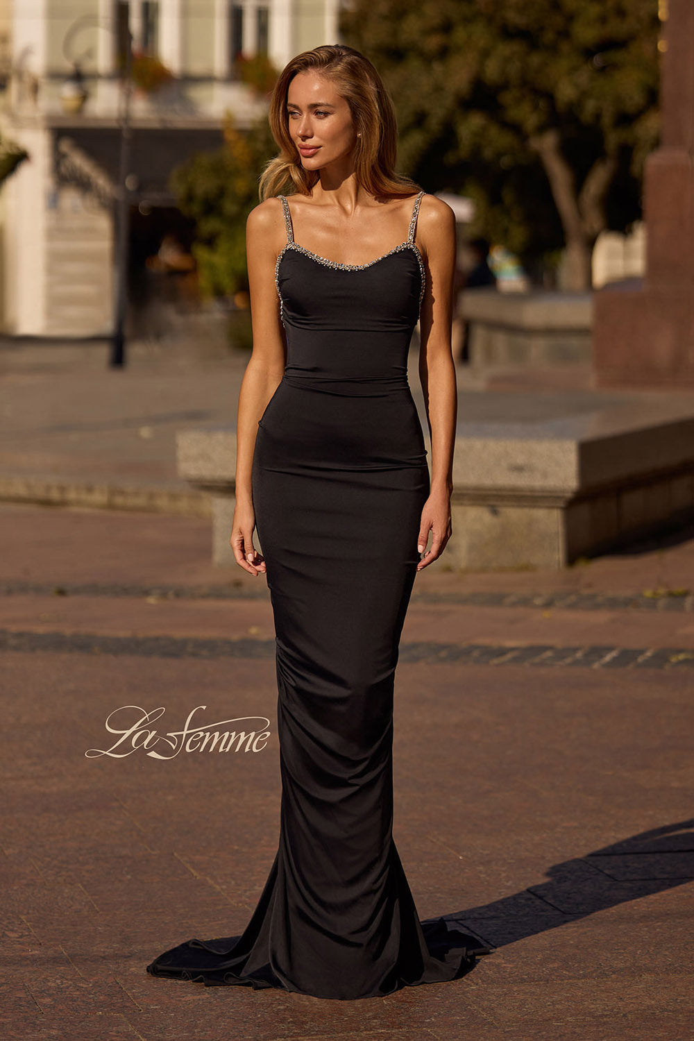 La Femme 32970 prom dress images.  La Femme 32970 is available in these colors: Black, Red.