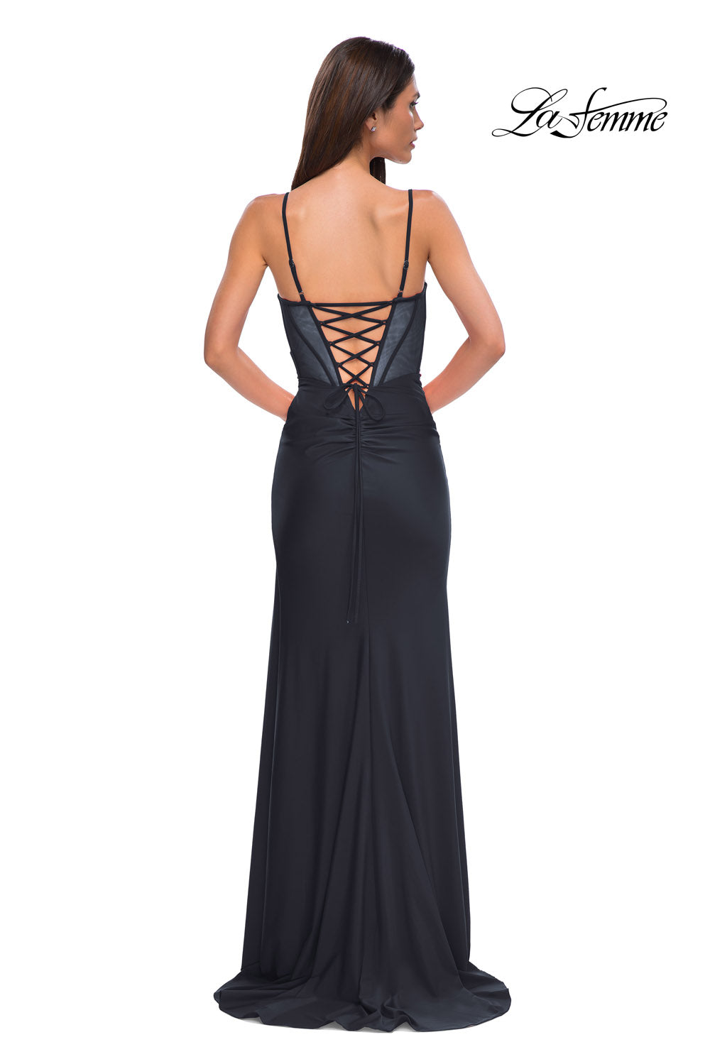 La Femme 32977 prom dress images.  La Femme 32977 is available in these colors: Black, Marine Blue, Red.