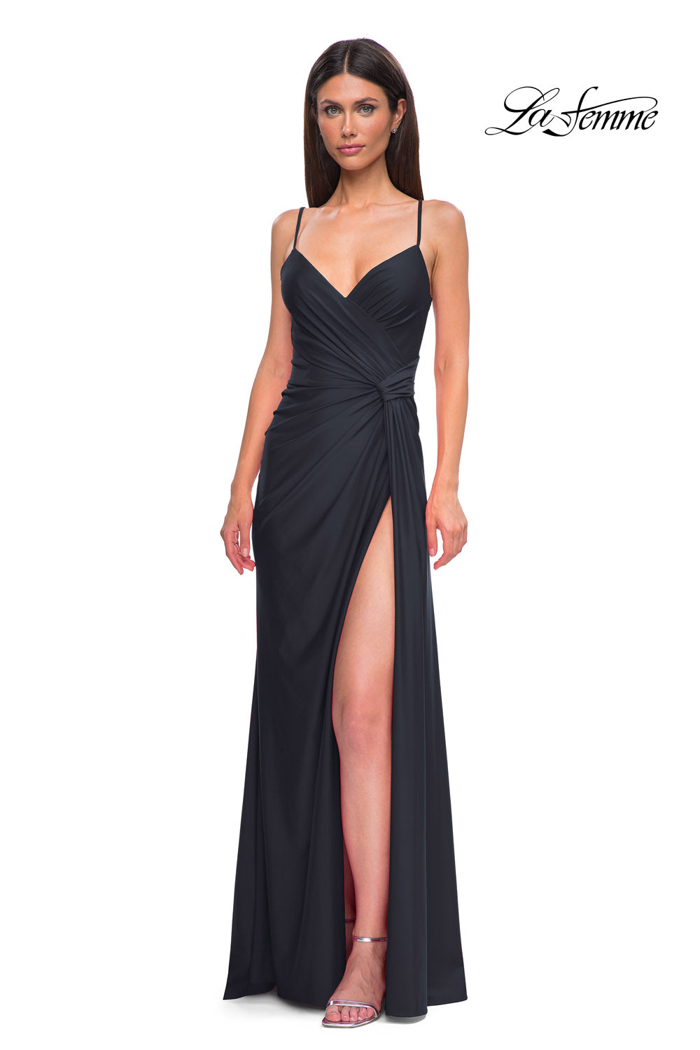 La Femme 32977 prom dress images.  La Femme 32977 is available in these colors: Black, Marine Blue, Red.