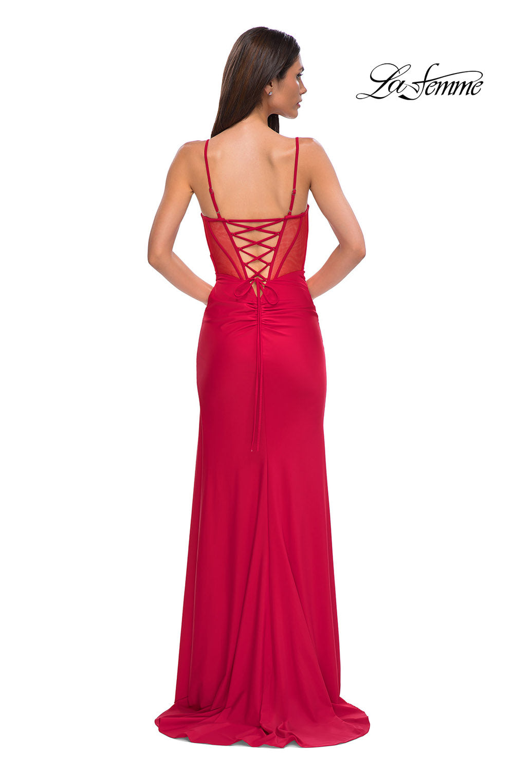 La Femme 32977 prom dress images.  La Femme 32977 is available in these colors: Black, Marine Blue, Red.