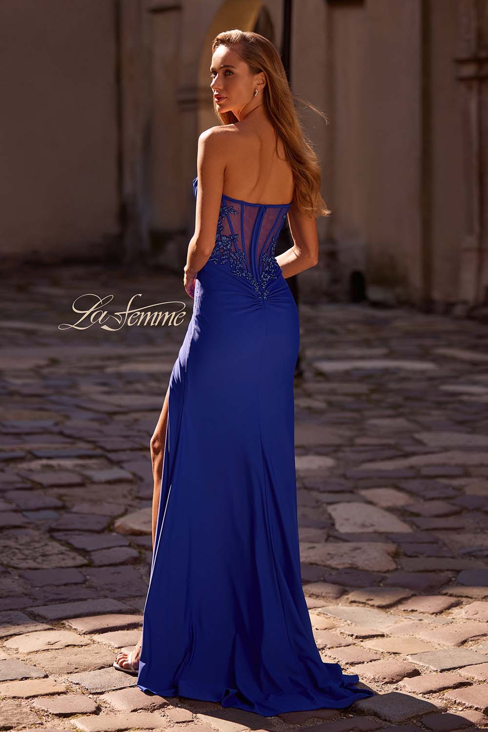 La Femme 32981 prom dress images.  La Femme 32981 is available in these colors: Bright Orange, Bubblegum Pink, Light Periwinkle, Royal Blue.