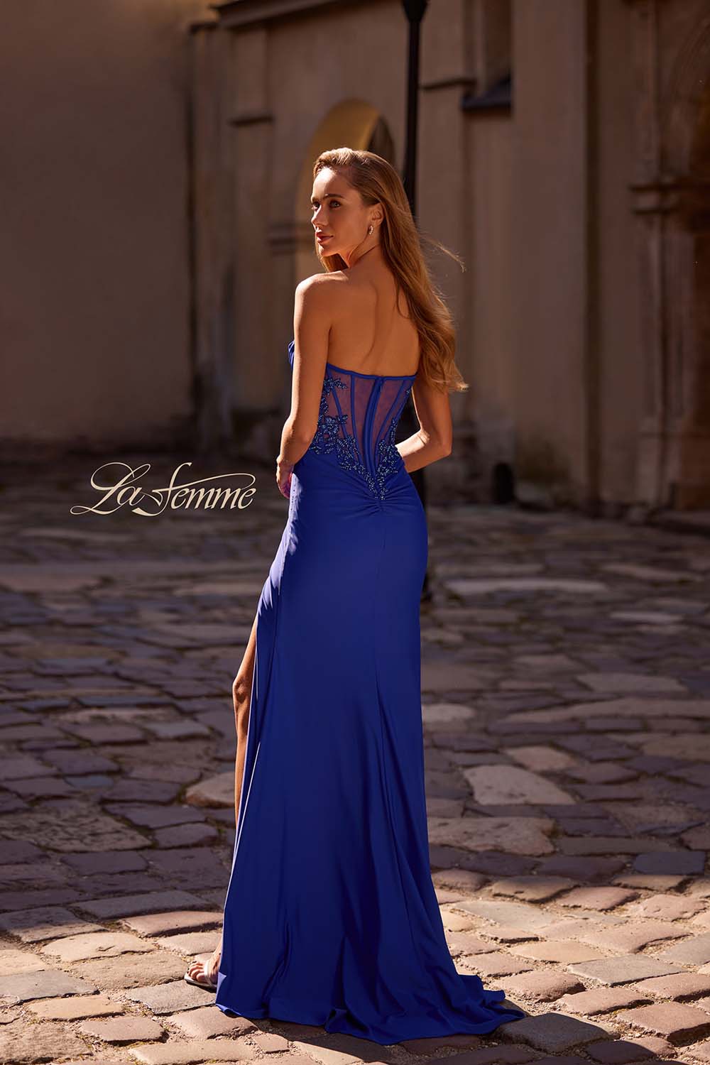 La Femme 32981 prom dress images.  La Femme 32981 is available in these colors: Bright Orange, Bubblegum Pink, Light Periwinkle, Royal Blue.