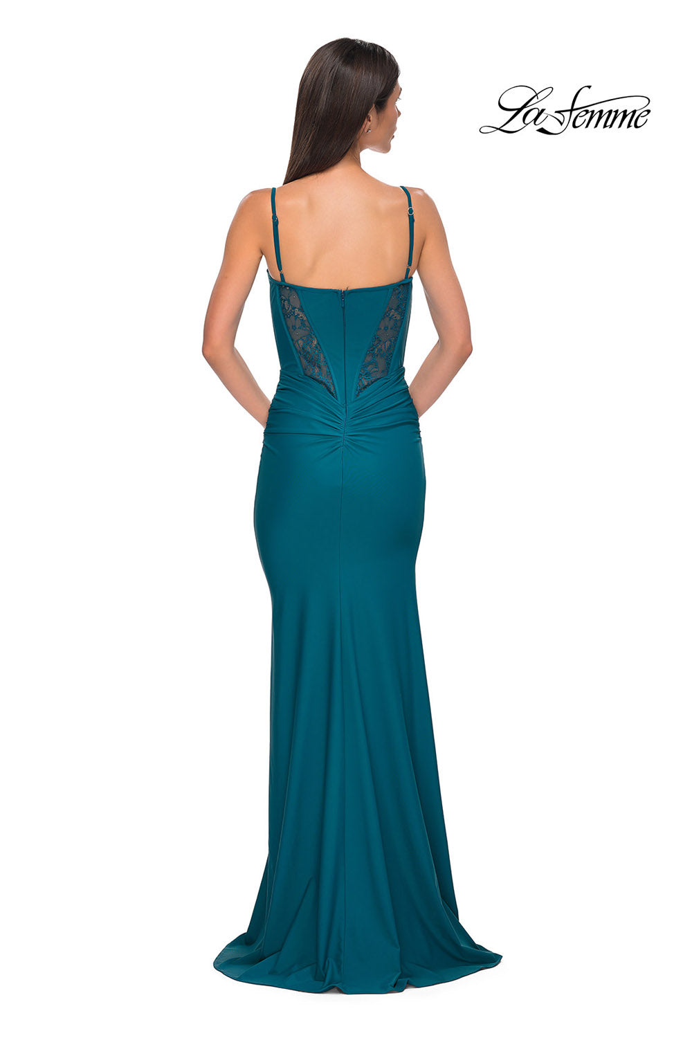 La Femme 32983 prom dress images.  La Femme 32983 is available in these colors: Black, Dark Berry, Dark Teal.