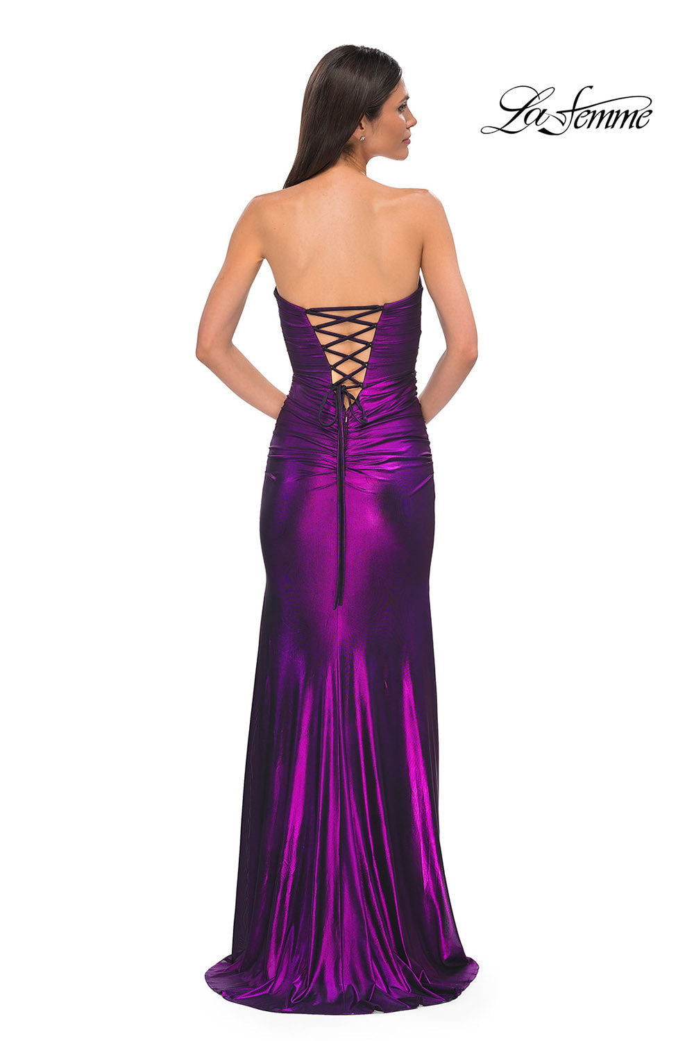 La Femme 32987 prom dress images.  La Femme 32987 is available in these colors: Bronze, Indigo, Purple.