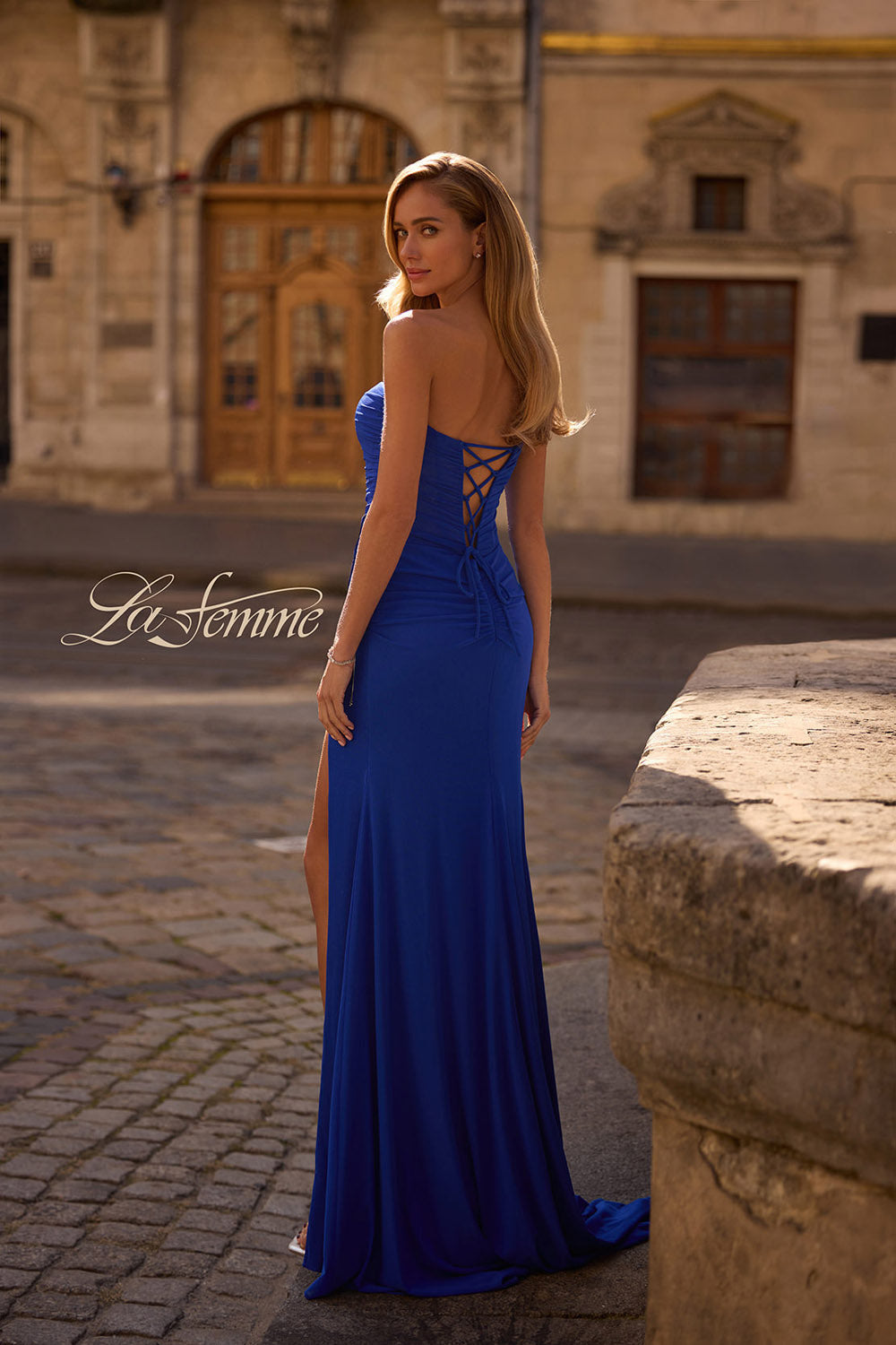 La Femme 32990 prom dress images.  La Femme 32990 is available in these colors: Black, Dark Berry, Royal Blue.