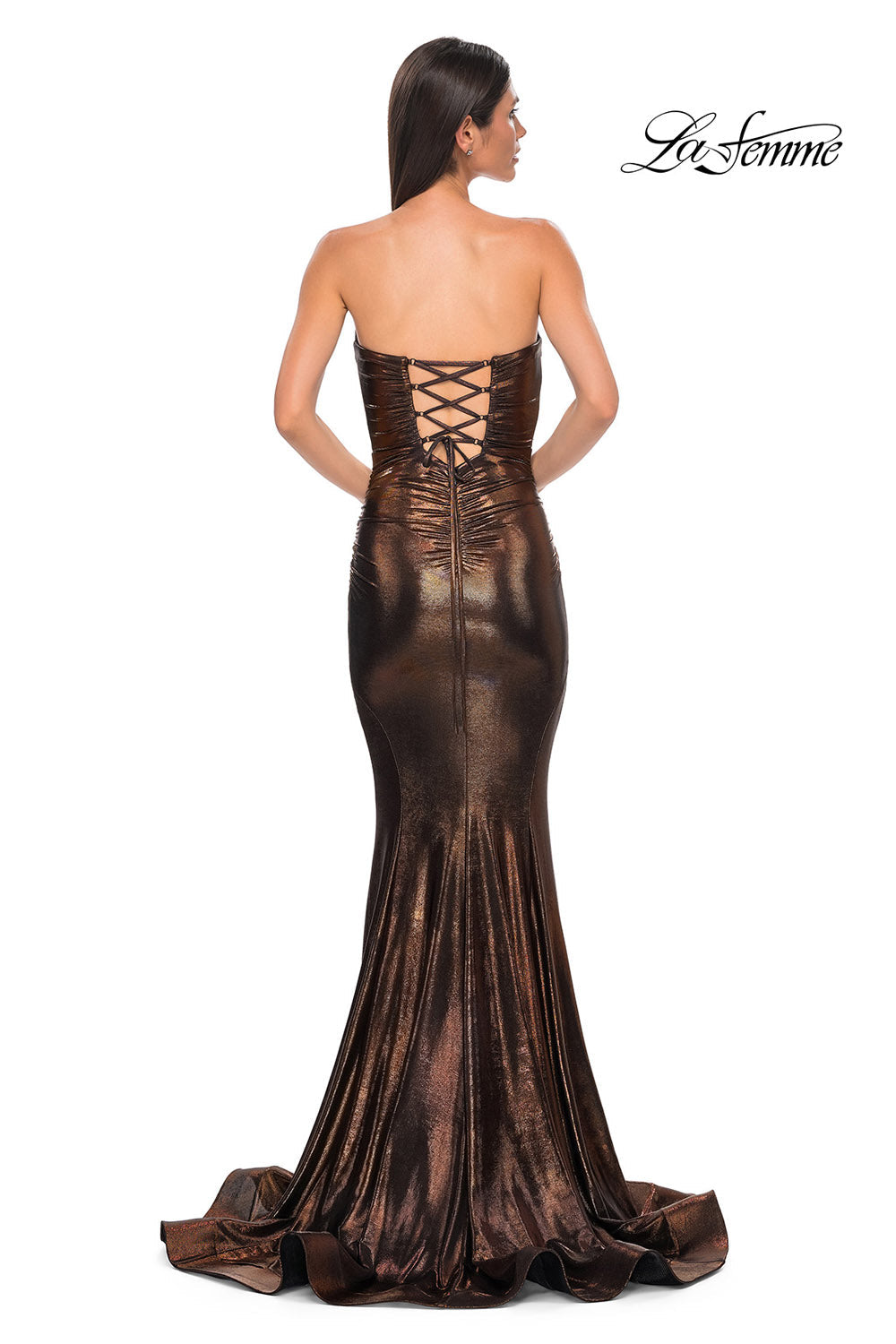 La Femme 32995 prom dress images.  La Femme 32995 is available in these colors: Bronze, Dark Teal, Indigo, Mocha, Purple.