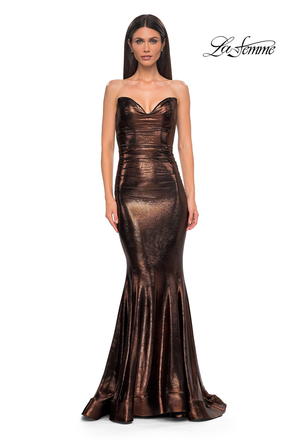 La Femme 32995 prom dress images.  La Femme 32995 is available in these colors: Bronze, Dark Teal, Indigo, Mocha, Purple.