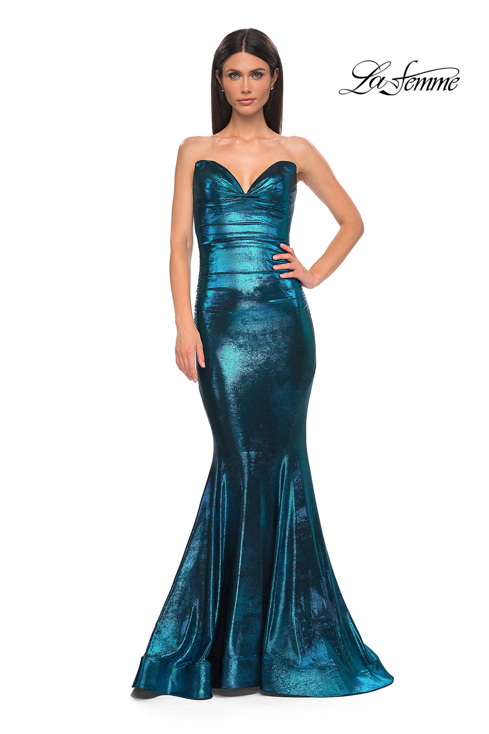 La Femme 32995 prom dress images.  La Femme 32995 is available in these colors: Bronze, Dark Teal, Indigo, Mocha, Purple.