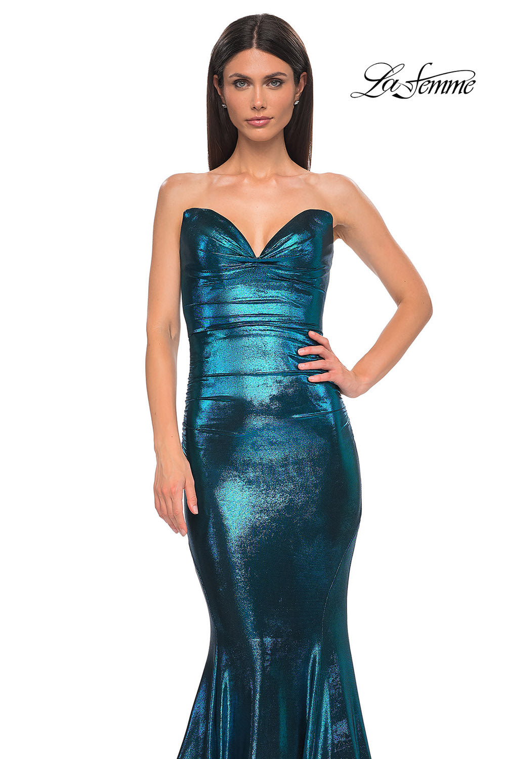 La Femme 32995 prom dress images.  La Femme 32995 is available in these colors: Bronze, Dark Teal, Indigo, Mocha, Purple.