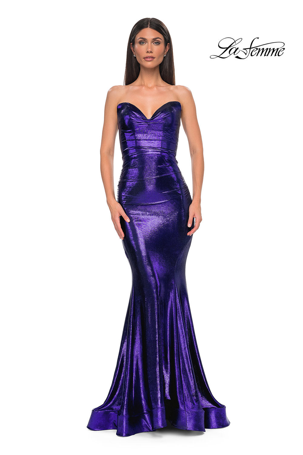 La Femme 32995 prom dress images.  La Femme 32995 is available in these colors: Bronze, Dark Teal, Indigo, Mocha, Purple.