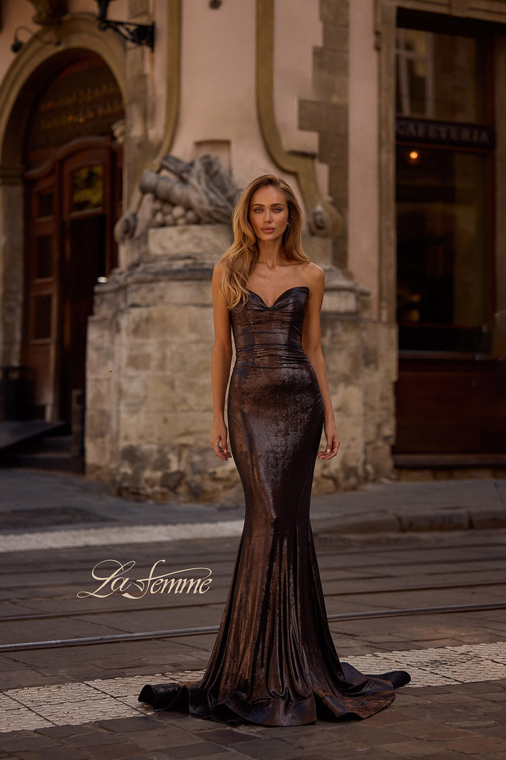 La Femme 32995 prom dress images.  La Femme 32995 is available in these colors: Bronze, Dark Teal, Indigo, Mocha, Purple.