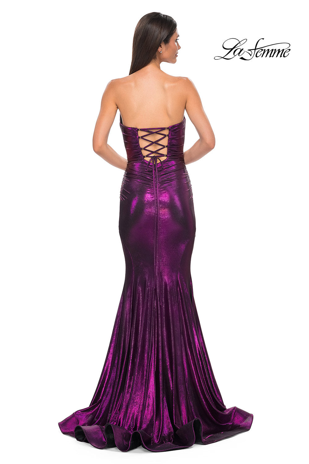 La Femme 32995 prom dress images.  La Femme 32995 is available in these colors: Bronze, Dark Teal, Indigo, Mocha, Purple.