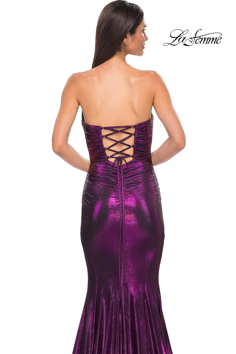 La Femme 32995 prom dress images.  La Femme 32995 is available in these colors: Bronze, Dark Teal, Indigo, Mocha, Purple.