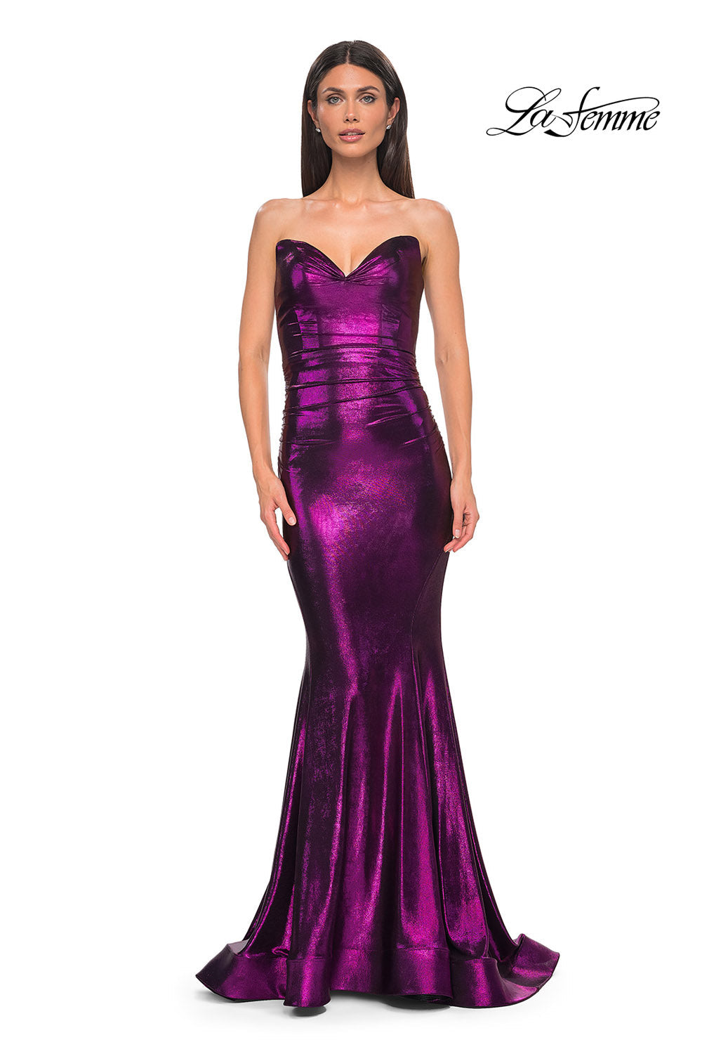 La Femme 32995 prom dress images.  La Femme 32995 is available in these colors: Bronze, Dark Teal, Indigo, Mocha, Purple.